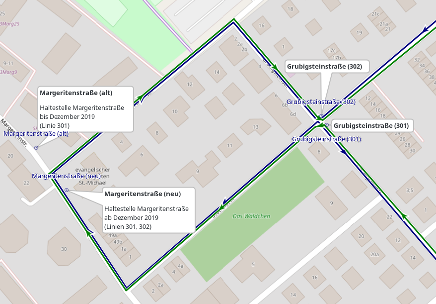 Linienführung ab Dezember 2019 (grün: Linie 301, blau: Linie
302)