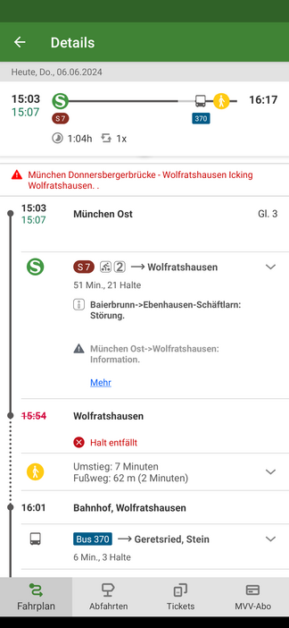 Screenshot: Halt in Wolfratshausen entfällt